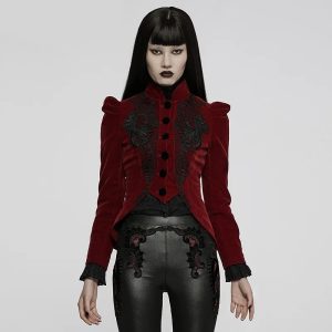 Crimson Enigma Gothic Velvet Applique Jacket with Lace-Up Back