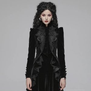 Enigmatic Nocturne Gothic Black Velvet Blazer with Appliques and Ruched Detail